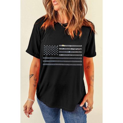 Black Glittering Rhinestone American Flag Pattern T Shirt