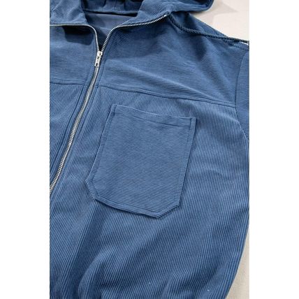 Real Teal Corduroy Drawstring Hooded Pocket Zip Up Jacket