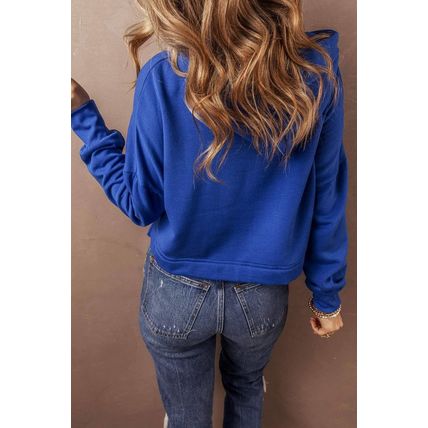 Dark Blue Solid Drop Shoulder Drawstring Cropped Hoodie