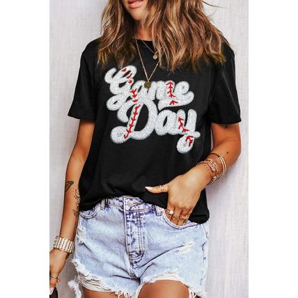 Black Sequin Game Day Graphic Crew Neck Tee
