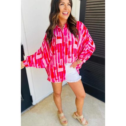 Pink Abstract Print Batwing Sleeve Casual Shirt