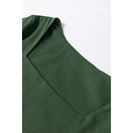 Blackish Green Solid Color Square Neck Long Sleeve Slim Fit Bodysuit
