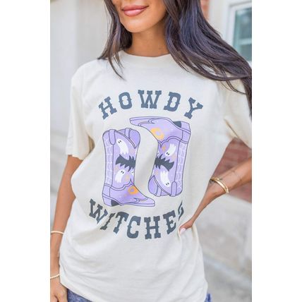 White HOWDY WITCHES Halloween Boots Crewneck T Shirt