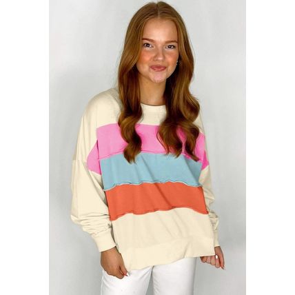 White Colorblock Patchwork Crewneck Drop Shoulder Sweatshirt