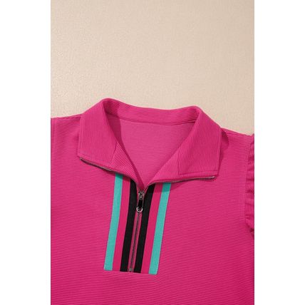Strawberry Pink Striped Detail Flutter Sleeve Zipped Collar Short Set