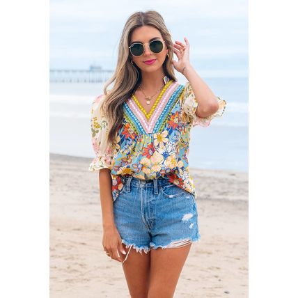 Multicolour Crochet V Neck Half Sleeve Boho Floral Blouse