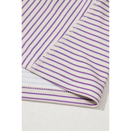 Purple Stripe Floral Color Block Raw Edge Patchwork Bracelet Sleeve Blouse