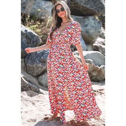 Red Floral Half Sleeve Deep V Neck Cutout Back Split Maxi Dress