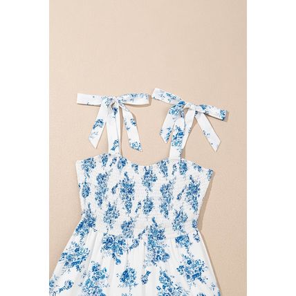 Sky Blue Floral Print Shirred Knot Shoulder Sleeveless Long Dress