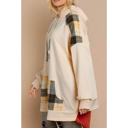 Khaki Plaid Patchwork Kangaroo Pocket Oversized Hoodie