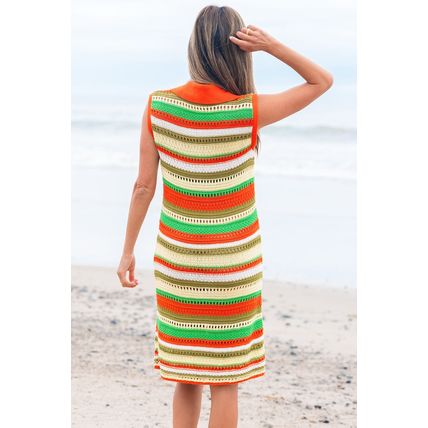 Yellow Stripe Eyelet Sleeveless Buttoned Split Neck Sweater Dress