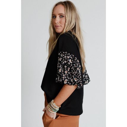 Black Contrast Floral Puff Sleeve Oversized Top