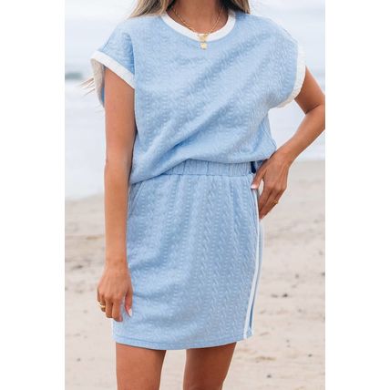 Beau Blue Contrast Trim Textured Crewneck Tee and Pocketed Skirt Set