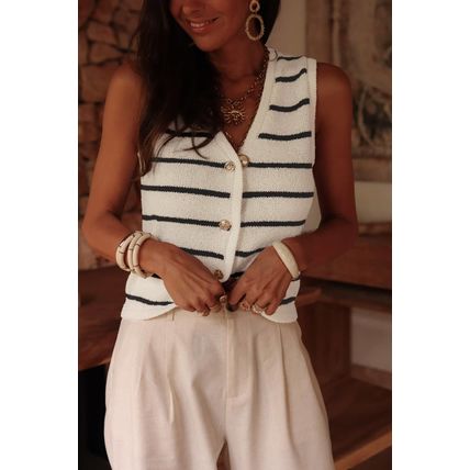 Black Stripe Buttoned V Neck Slim Fit Sweater Vest
