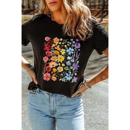 Black Beautiful Flower Print Cotton Blend Casual Tee