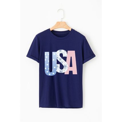Blue USA Graphic July 4th Crew Neck T Shirt