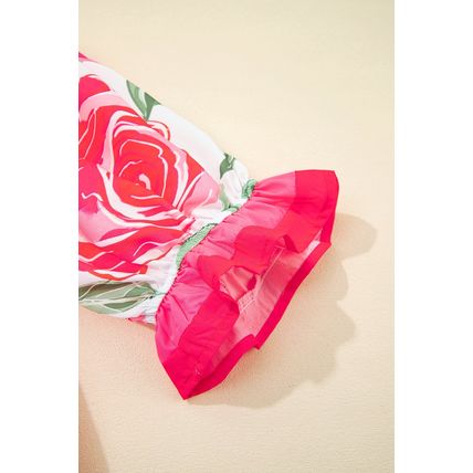 Rose Floral Frilled V Neck Short Sleeve Blouse Top