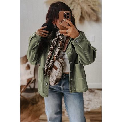 Smoke Green Patched Pocket Collared Button Front Boyfriend Denim Jacket
