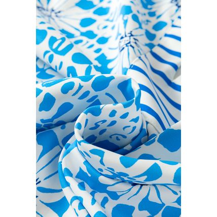 Sky Blue Contrast Striped Trim Floral Shift Fit Fall Dress