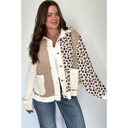Khaki Leopard Waffle Quilted Patchwork Button Front Jacket