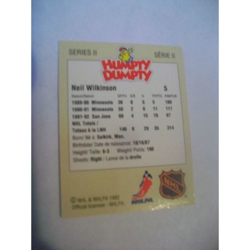 NEIL WILKINSON,SAN JOSE SHARKS,HUMPTY DUMPTY POTATO CHIPS,1992,NHL HOCKEY