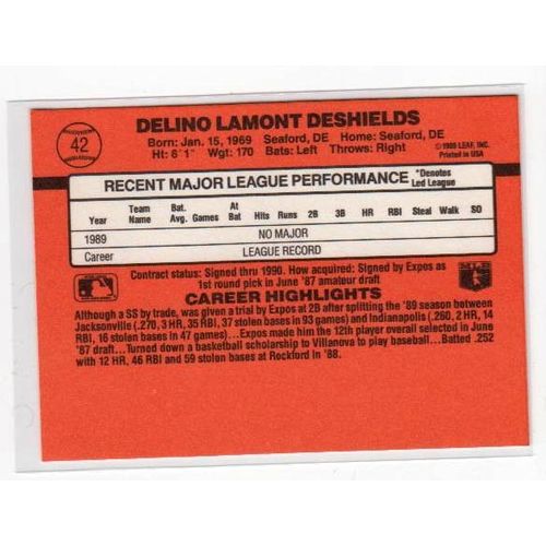 1990 Donruss Delino Deshields RC Rated Rookie card #42 – Expos