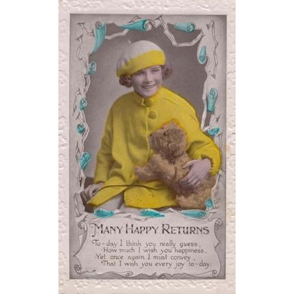 Child In Antique Victorian Yellow Wool Coat Hat Cuddling Toy Dog Animal Postcard