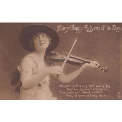 Child Playing Antique Violin Musical Instrument Happy Birthday WW1 War Postcard