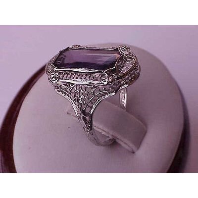 Art Deco Unique 14k White Gold Genuine Amethyst Filigree Ring ,1900s