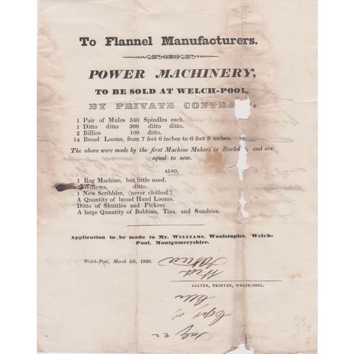 Power Machinery sale 1839 for flannel manufacturers Welch Pool Montgomeryshire