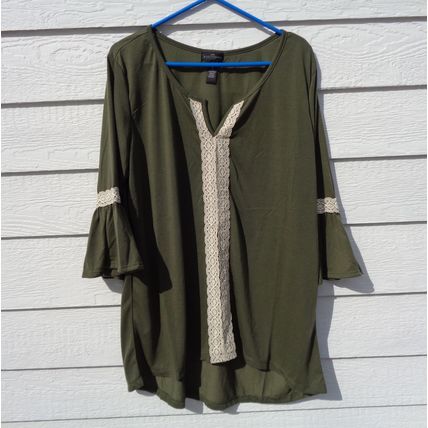 Womens Karen Brooks 2x Top Olive Lace Accent 48 Chest Boho Flare Sleeves
