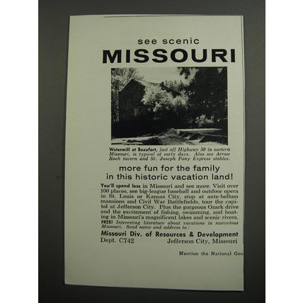 1957 Missouri Tourism Ad - Watermill at Beaufort