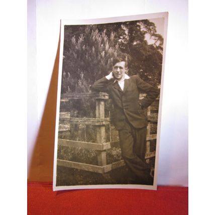UNKNOWN YOUNG MAN on the fence, antique gloss photograph postcard #