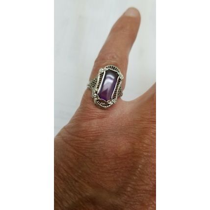 Art Deco Unique 14k White Gold Genuine Amethyst Filigree Ring ,1900s