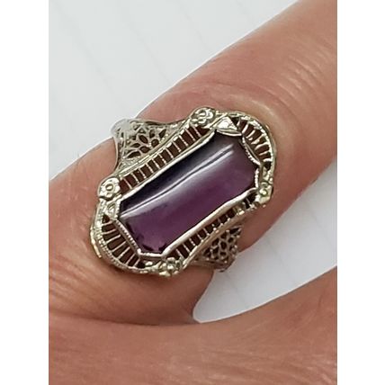 Art Deco Unique 14k White Gold Genuine Amethyst Filigree Ring ,1900s