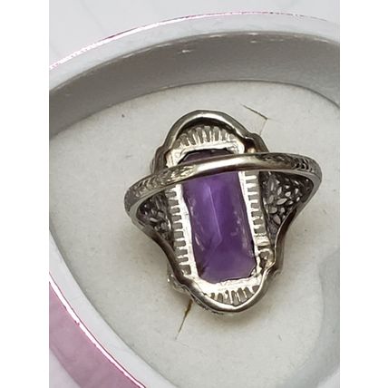 Art Deco Unique 14k White Gold Genuine Amethyst Filigree Ring ,1900s