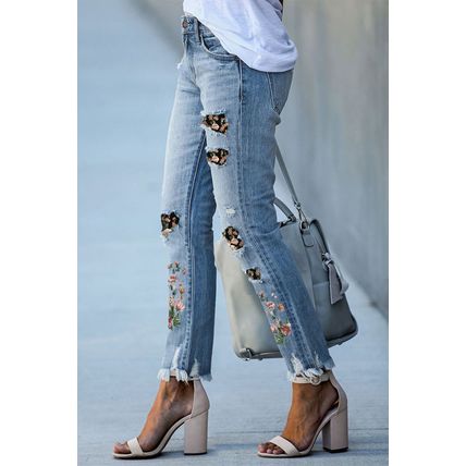 Sky Blue Printed Patch Ripped Skinny Jeans