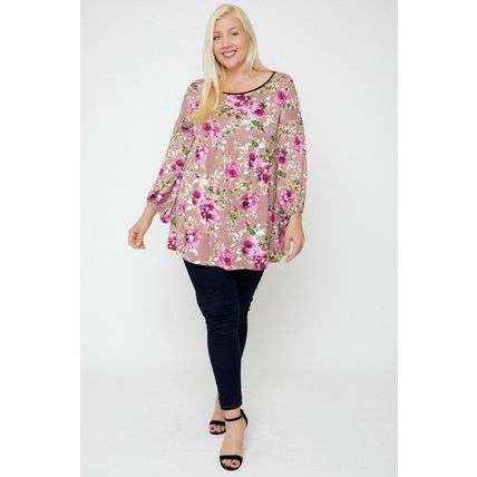 Women's Pink Plus Size Floral Bubble Sleeve Tunic