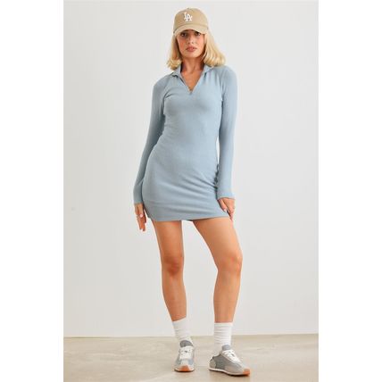 Women's Blue Flannel Zip-up Mock Neck Mini Dress