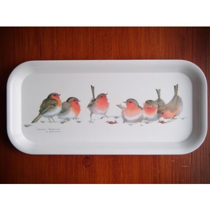 Melamine Sandwich/Serving Tray "Winter Robins" Valerie Pfeiffer, Small White VGC