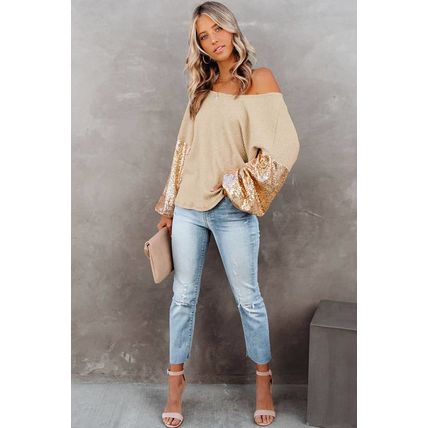 Apricot Sequin Patchwork Sleeve Open Back Waffle Knit Top