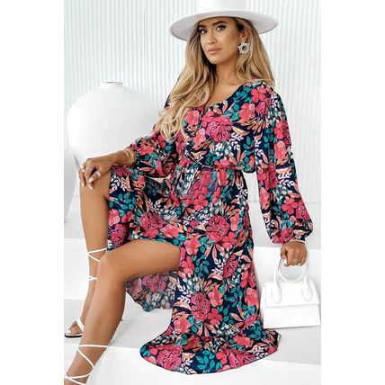 Red V Neck Elastic High Waist Split Floral Dress