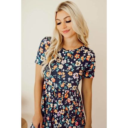 Blue Short Sleeve A-line Floral Dress