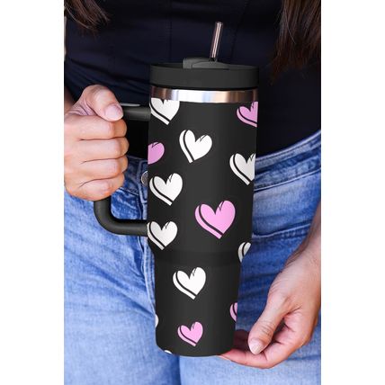 Black Valentines Heart Printed Thermos Cup with Handle