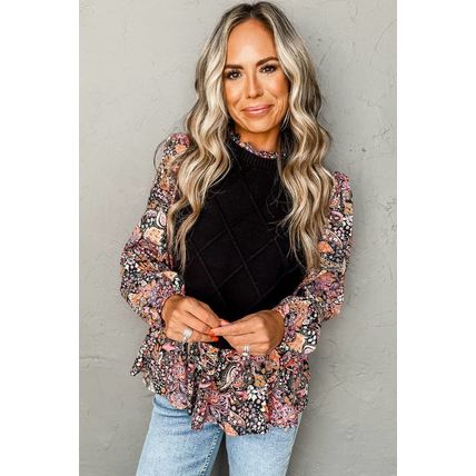Black Contrast Floral Sleeve Peplum Sweater