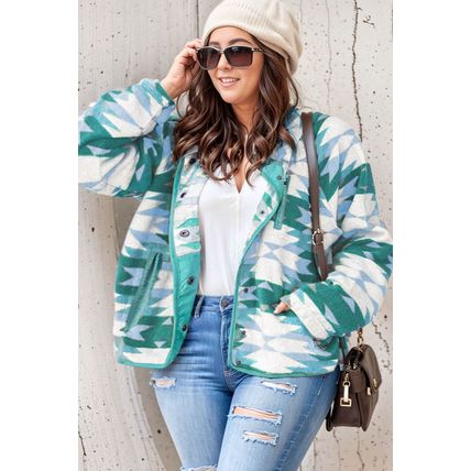 Green Geometric Aztec Pattern Plus Size Fleece Jacket