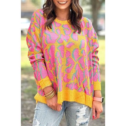 Vitality Orange Abstract Print Ribbed Trim Baggy Sweater