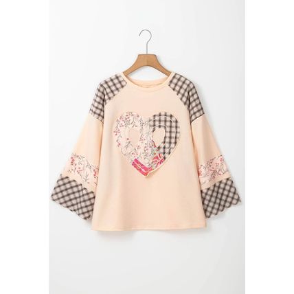 Beige Plaid Floral Peace Heart Graphic Wide Long Sleeve Top