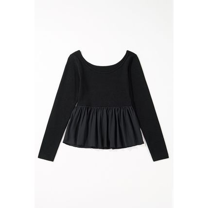 Black Ribbed Knit Long Sleeve Scoop Neck Peplum Patchwork Top