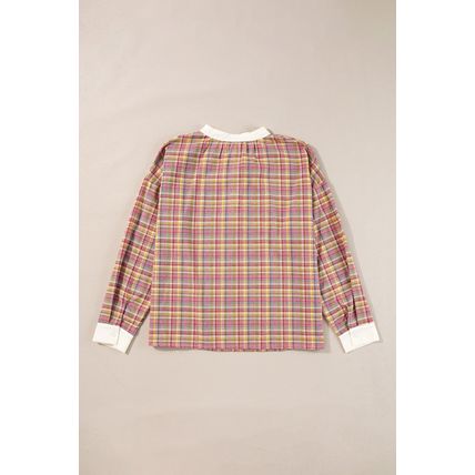 Pink Colorblock Plaid Patchwork Henley Blouse